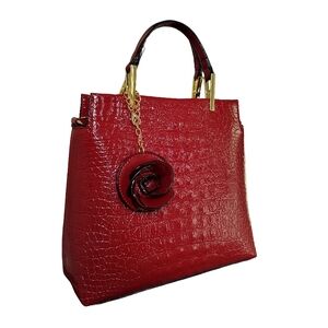 Red Croc-Embossed Wine Red Top-Handle Crossbody Tote with Blossom Charm NWT